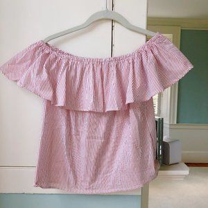 f21: red + white striped off the shoulder blouse